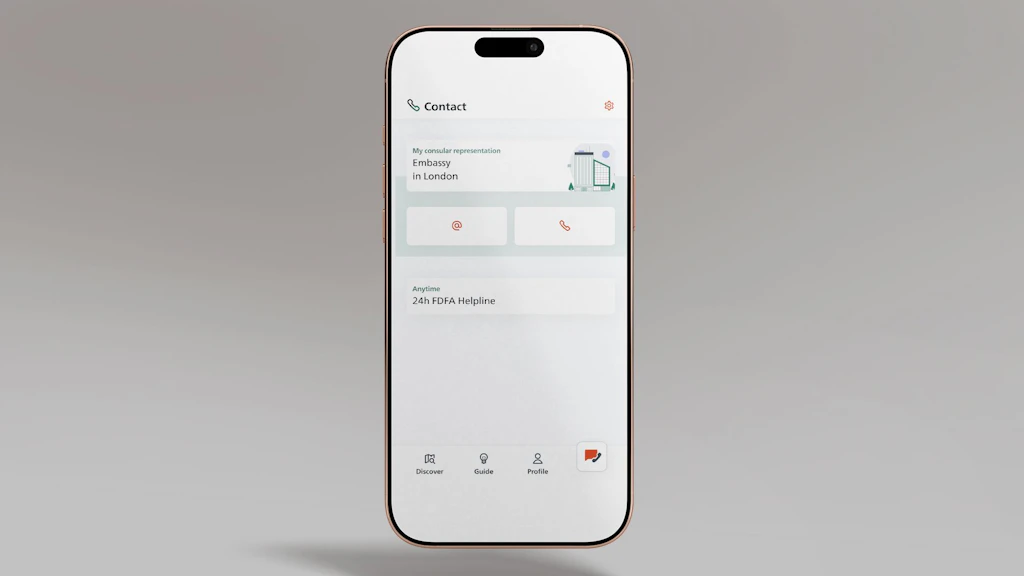 The image shows a smartphone on which the SwissInTouch app is open on the representation contact details page.